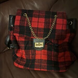 Red and Black Plaid Backpack with Gold Chain